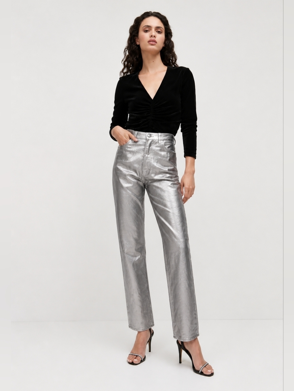 Veronica Beard Daniela Metallic Straight Leg Jeans 24 Silver High Rise Statement